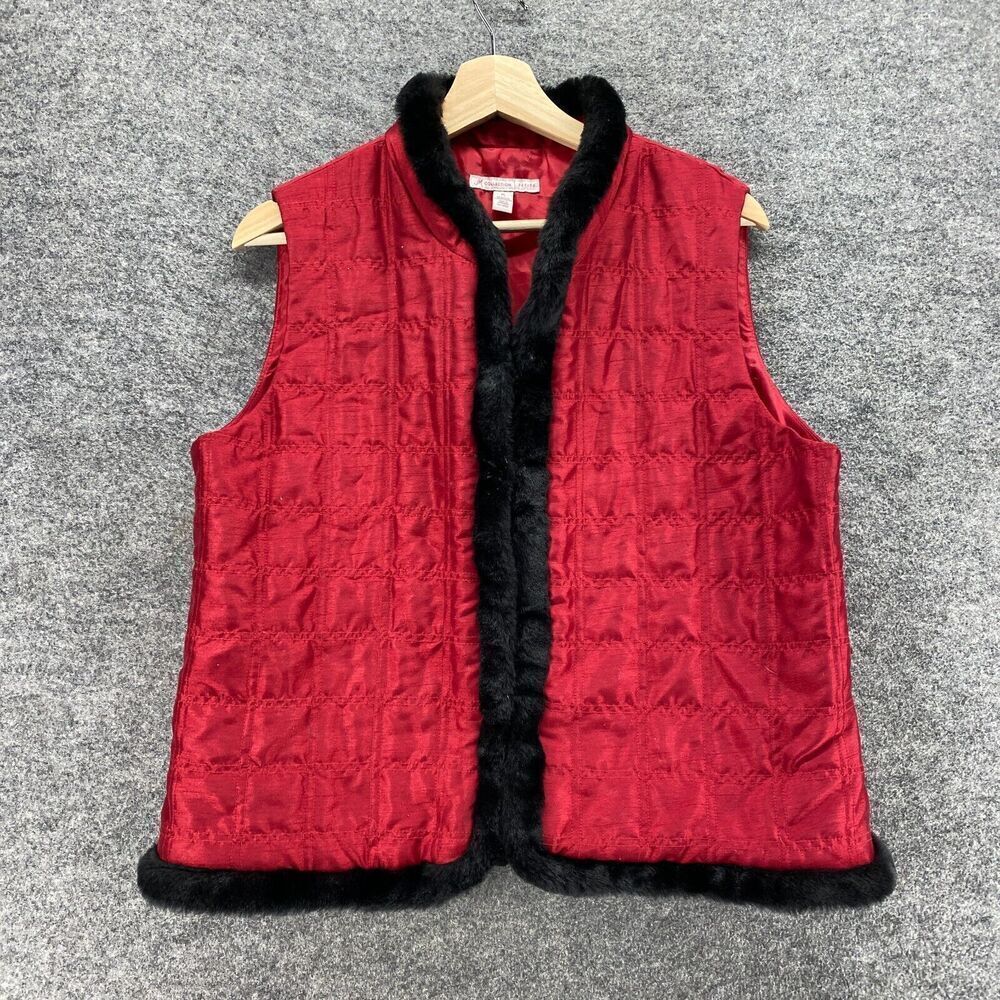 JM Collection Quilted Vest Women PL Petite Red V-Neck Sleeveless Casual Solid
